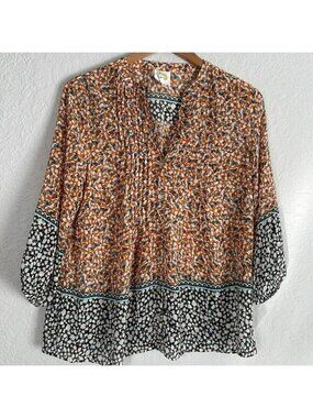 Fig and Flower Orange Blue Floral Blouse Pleated Bib Fall Peasant Boho